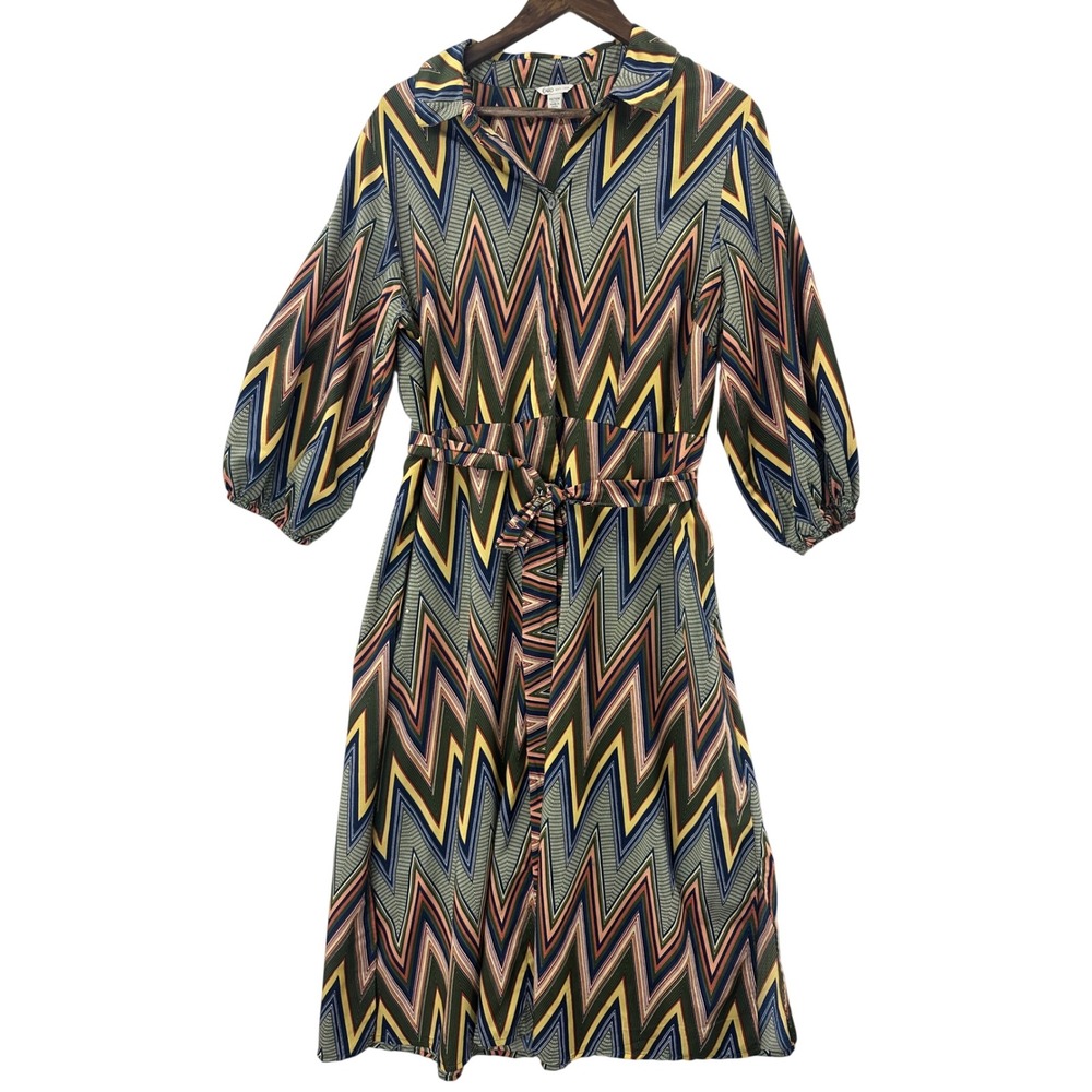 Cato Shirt Dress Womens 14/16W Multicolor Chevron Zigzag Midi Belted Excellent